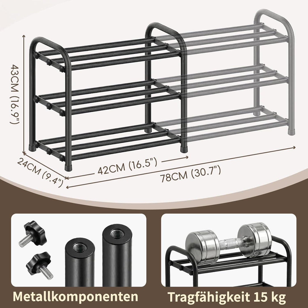 Schuhregal Schmal Platzsparend Ausziehbar 3 Ebenen, Schuhschrank Metall Schwarz, Breite 43-78 cm, fü