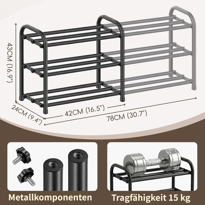 Schuhregal Schmal Platzsparend Ausziehbar 3 Ebenen, Schuhschrank Metall Schwarz, Breite 43-78 cm, fü