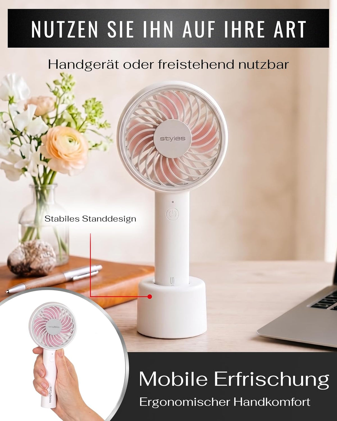 Lacerta Mini Ventilator hand Handventilator Akku aufladbar USB Rosa | Akkuventilator mit USB-Ladung,