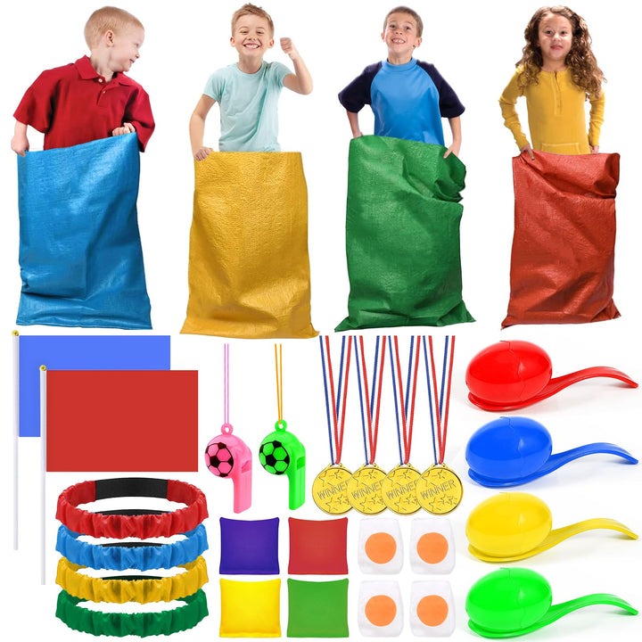 Outdoor Spiele für Kinder ab 4, 4 in 1 Gartenspiele für Kinder Sackhüpfen Säcke, Sackhüpfen Säcke, E