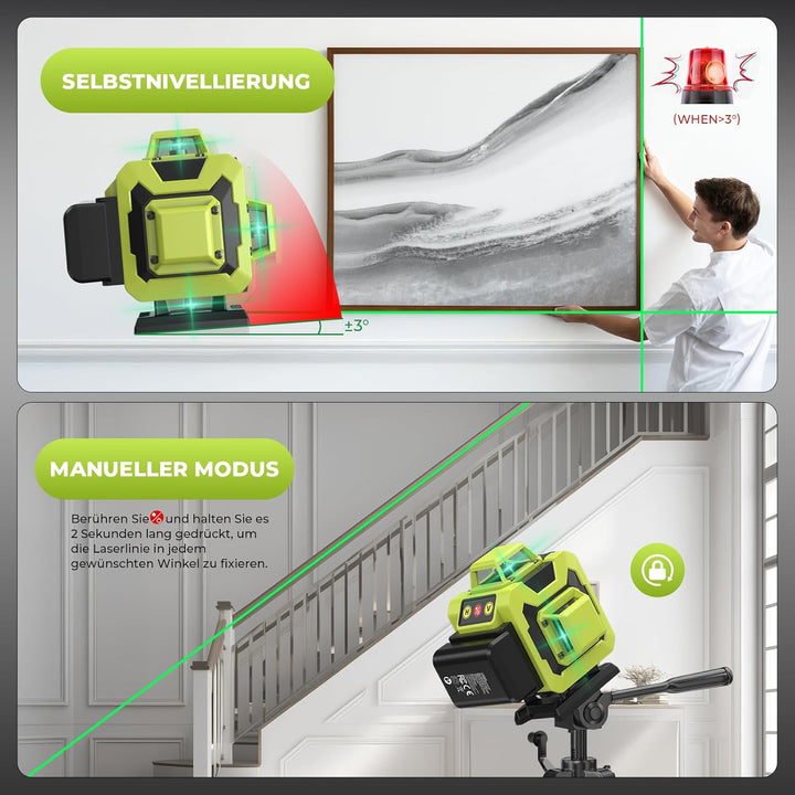 Kreuzlinienlaser Grün 4×360° – 16 Linien, 2x 2400mAh Selbstnivellierend, Kompakt & Mobil, Inklusive