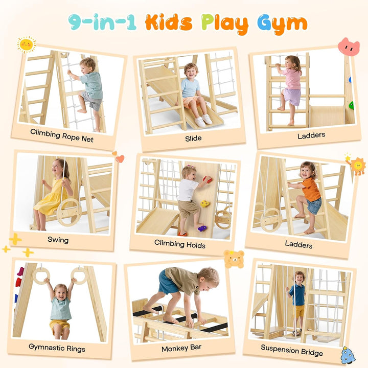 9-in-1-Klettergerüst für den Innenbereich für Kinder, Indoor-Spielplatz aus Holz mit Rutsche und Sch