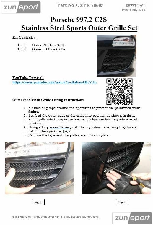 Zunsport Kompatibel mit Porsche Carrera 997.2 C2 + C2S – vorderer Grillsatz - Schwarz (2009-2012)