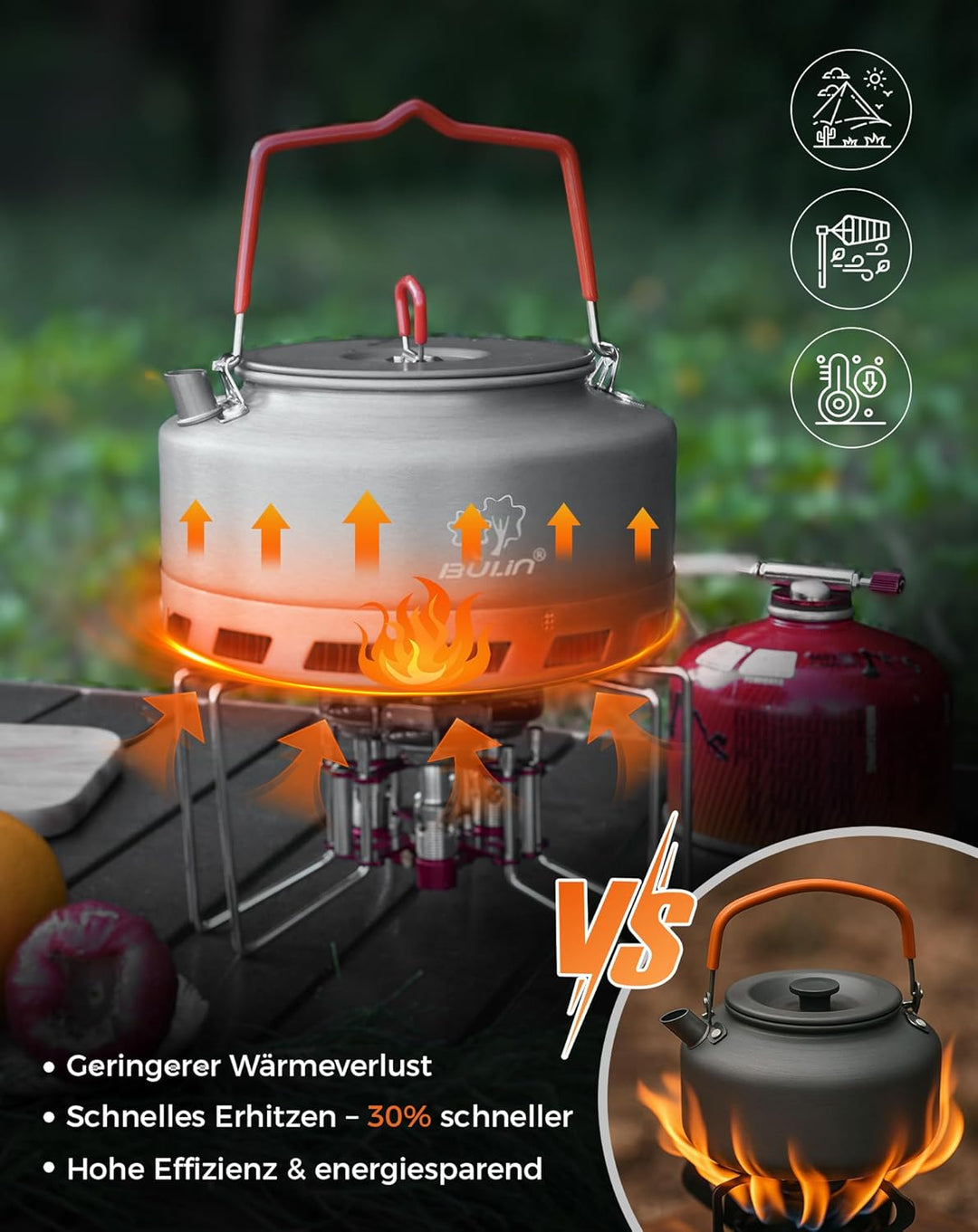 Bulin Camping Wasserkessel 2.2L Grösser Kaffeekanne Wasserkocher 2-3 Personen Kochen Leicht Faltbar