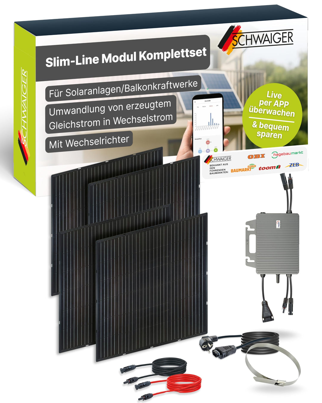 Slim-Line Modul 4er Set mit Wechselrichter Balkonkraftwerk Komplettset PV-Anlage Solaranlage, 4er Se