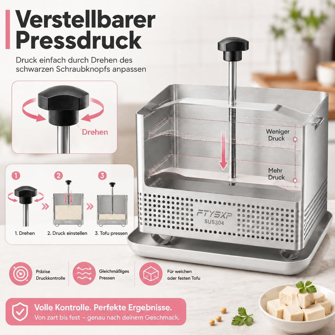 Tofupresse Edelstahl 304, verstellbare Tofu Presse mit Abtropfschale & Käsetuch, BPA-frei, spülmasch