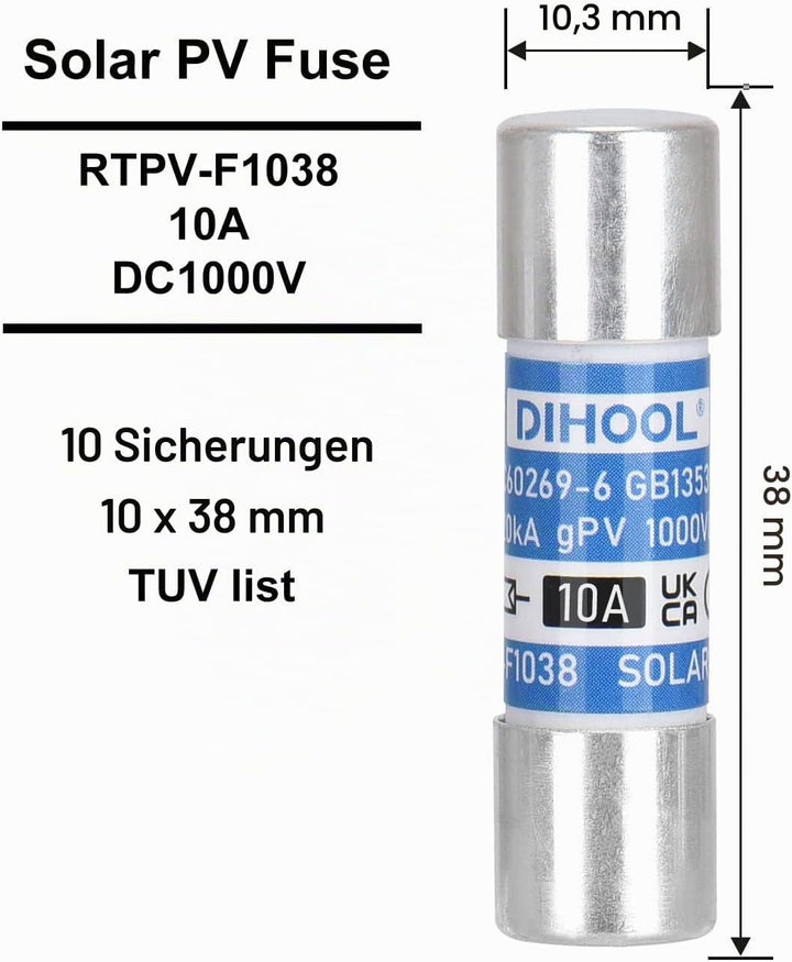PV Sicherung 10a DC 1000V 10x38 20kA Sicherungen Hochspannung Sicherungsrohr Flinke Feinsicherung fü