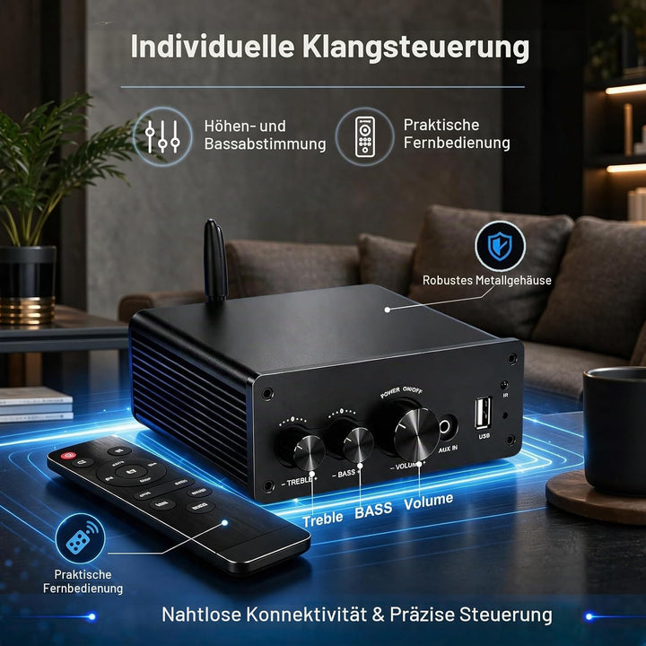 LONPOO Mini Bluetooth Hifi-Verstärker 200W mit Fernbedienung, Optical, COAX, USB, AUX-Eingang, 2 Kan