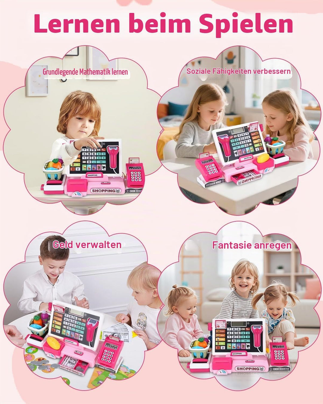 heuchaey Kinder Kasse Spielzeug, Kinderkasse Registrierkasse Set, Rosa | Elektronische Registrierkas