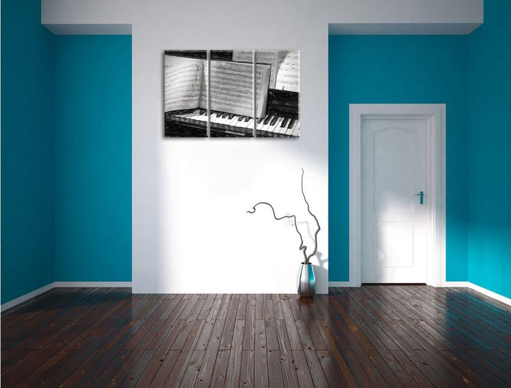Pixxprint Klavier und Notenblätter als Leinwandbild | Grösse: 3 Teilig (120x80) | Wandbild| Kunstdru