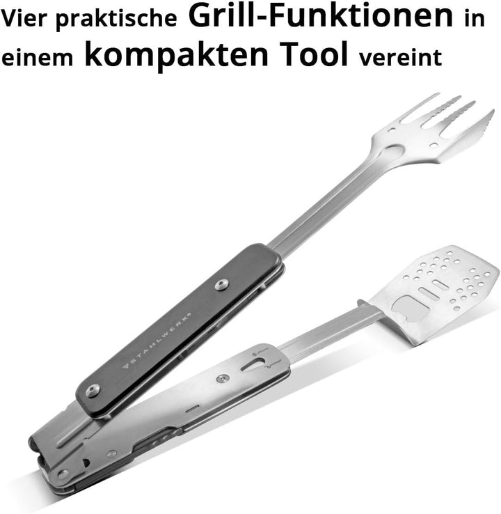 STAHLWERK BBQ Multitool 4 in 1 Grillbesteck mit Grillzange, Grillgabel, Grillwender und Flaschenöffn