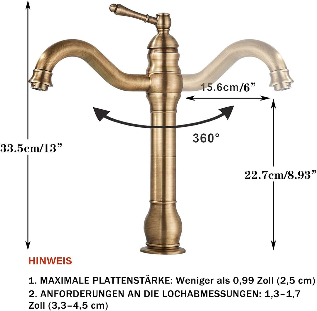 Rozin Wasserhahn Bad Antik Messing Arbeitsplatte Wasserhahn Hoch Waschtischarmatur 360°Schwenkbar Ei