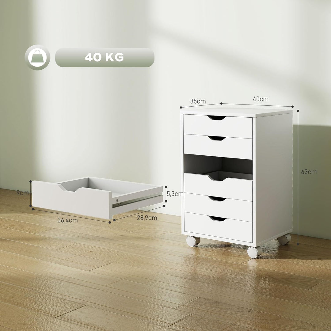 HOMCOM Schreibtischkommode, Rollcontainer mit 6 Schubladen, Druckerhalterung mit Rollen, leise Gleit