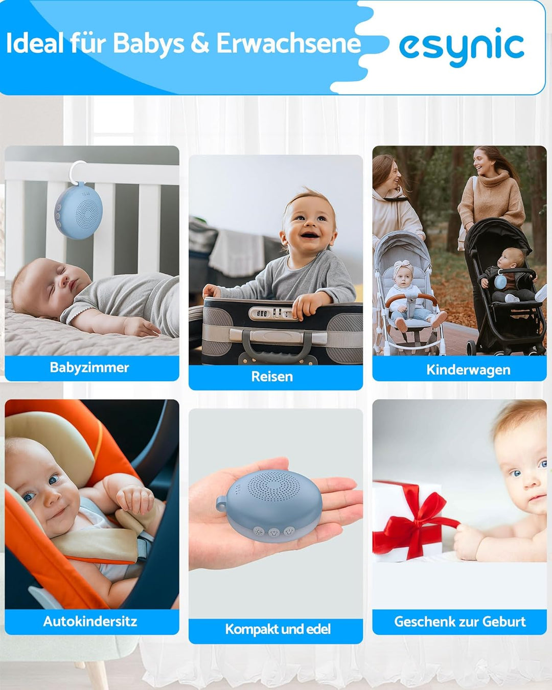 eSynic Einschlafhilfe für Erwachsene Weisses Rauschen Baby in Blaugrau Portable White Noise Machine