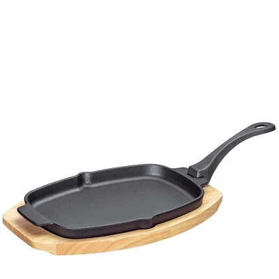Kuchenprofi BBQ Servierpfanne Gusseisen auf Holzbrett, oval, 30 x 19 x 2,5 cm, mit abnehmbarem Griff