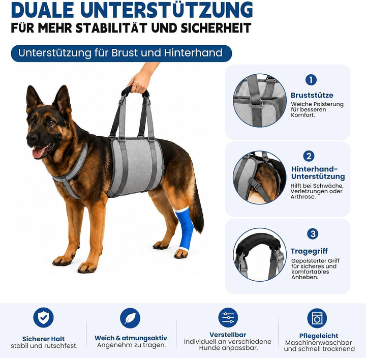 LUCKY LUCY Hundegeschirr mit Griff, Verstellbare Hunde-Tragehilfe für Hinterbeine &amp; Nacken-Stütze, M