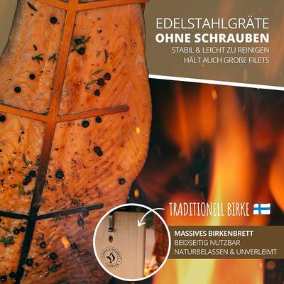 FINNWERK Flammlachsbrett - Flammlachsbretter mit Halterung aus Edelstahl - Perfekte Lachsbretter zum