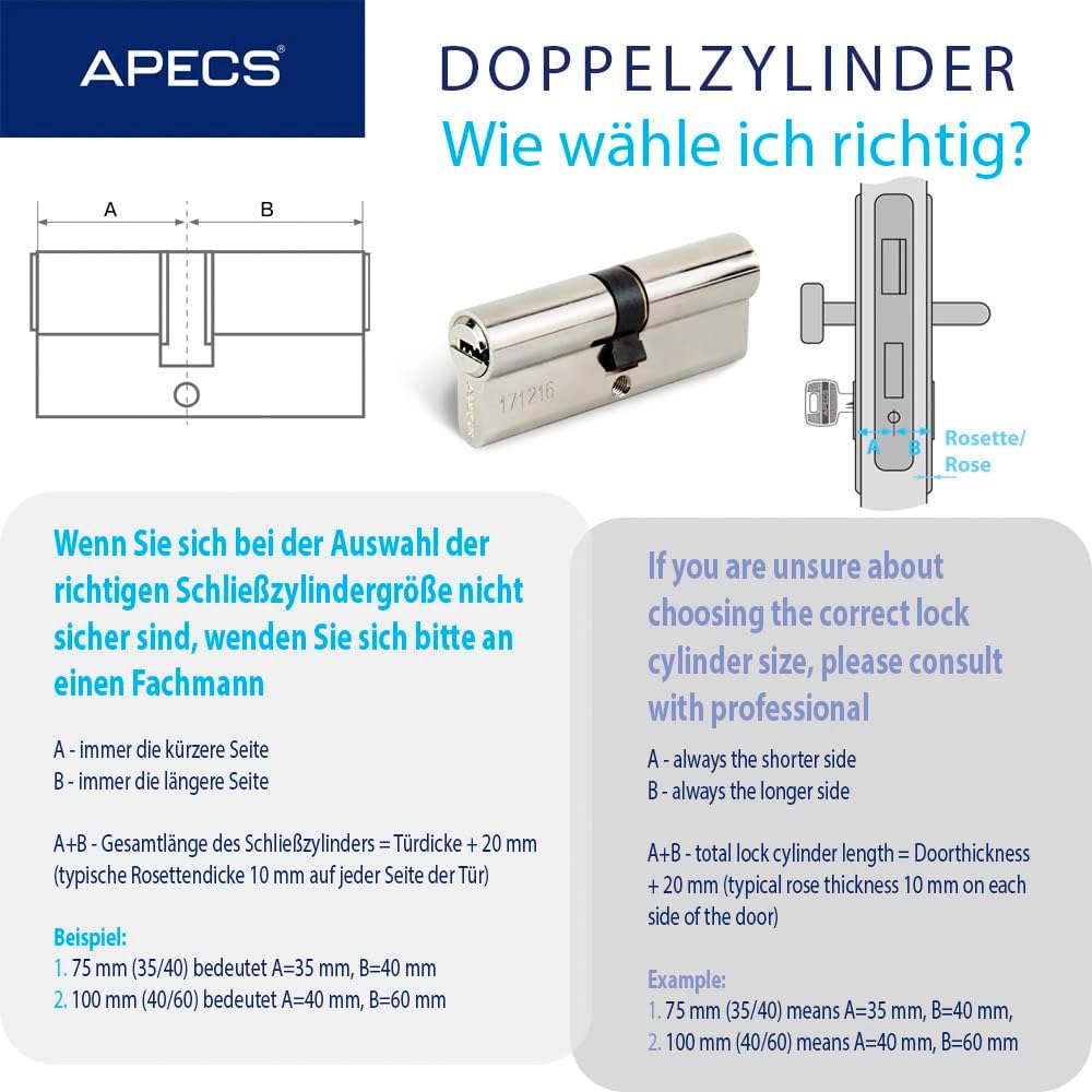 APECS Zylinderschloss Profilzylinder 110 (50/60) mm für Türschloss Haustür mit 5 Schlüsseln Modell S