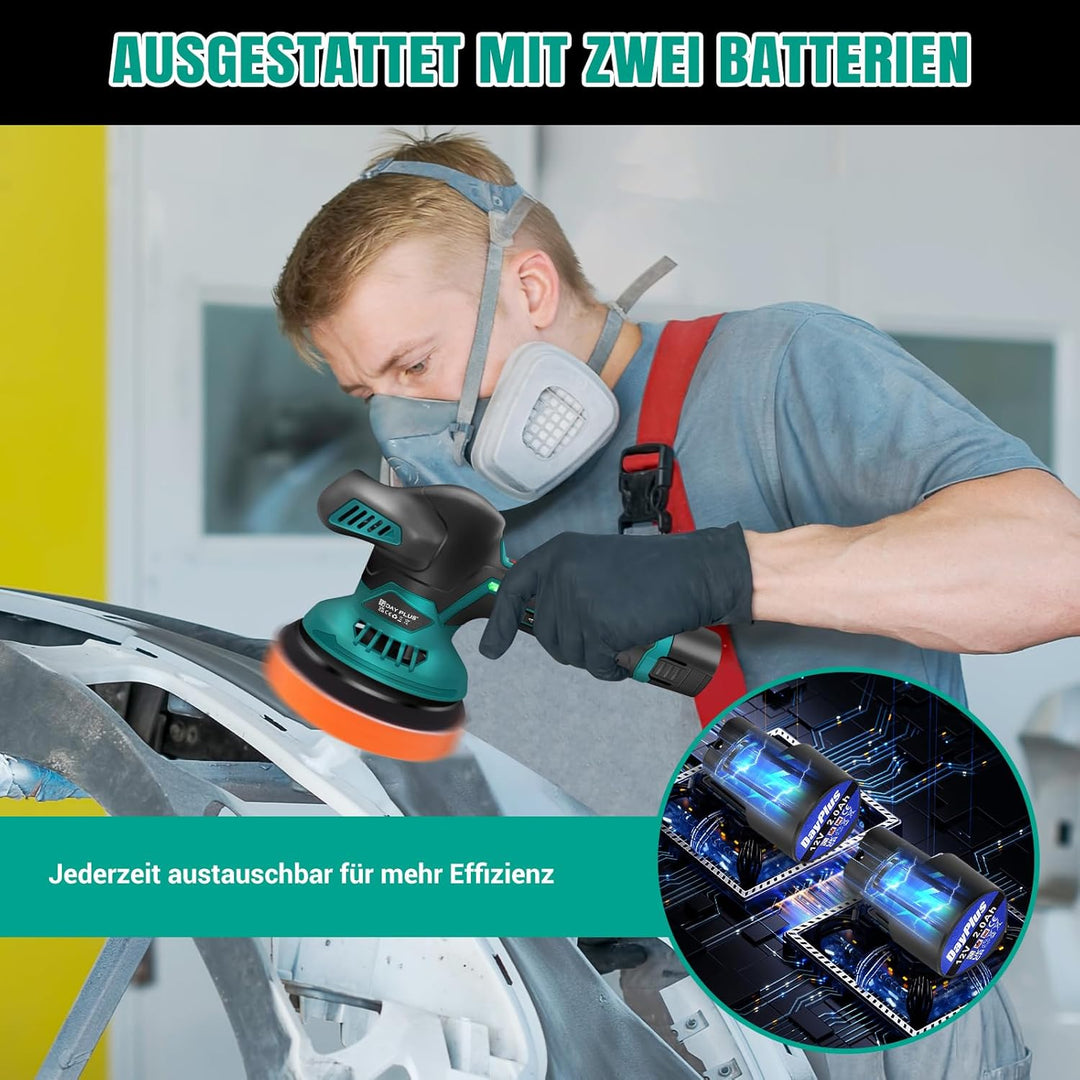 Akku Poliermaschine 12V 2x 2.0AH Akku, mit 24 Aufsätzen, 6 Drehzahlregulierung 2800-5000RPM, 125-150