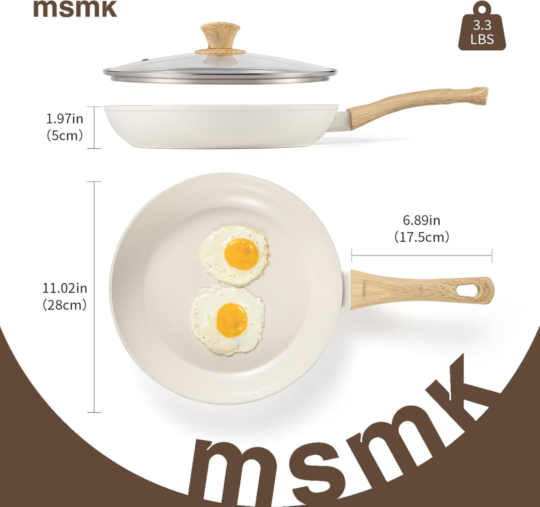 MSMK 28cm Keramik-Antihaft-Bratpfanne mit Deckel und weissem Schlitzwender, Holzmaserungsgriff, PFOA