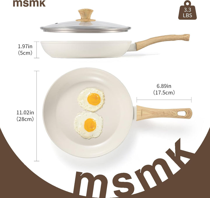 MSMK 28cm Keramik-Antihaft-Bratpfanne mit Deckel und weissem Schlitzwender, Holzmaserungsgriff, PFOA