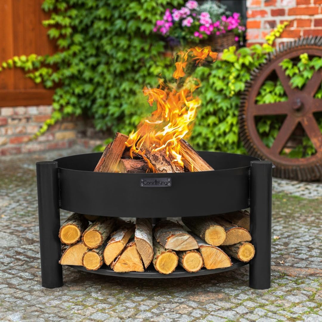 CookKing Stahl Feuerschale Montana | Ø 88x45 cm, Schwarz, Inkl. Holzlager | Robust & Windgeschützt |