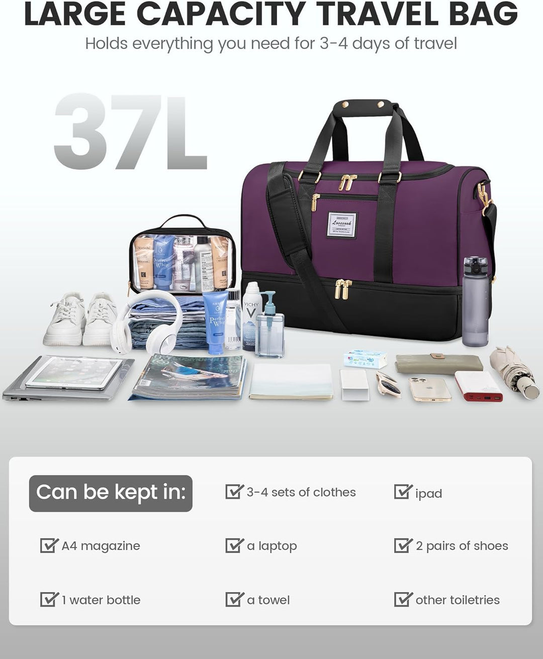 LOVEVOOK Sporttasche Reisetasche Damen, 37L Weekender mit Kulturtasche, Schuhfach & Nassfach, Sport