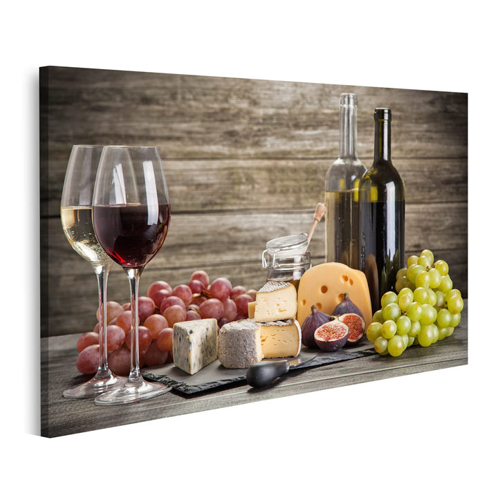 islandburner Bild auf Leinwand Wein Und Käse Stillleben Bilder Wandbilder Poster Leinwand 100x57cm,