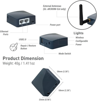 GL.iNet GL-AR300M16-Ext Mini Router with 2 dBi Outdoor Antenna, Wi-Fi Converter, OpenWrt Pre-Install