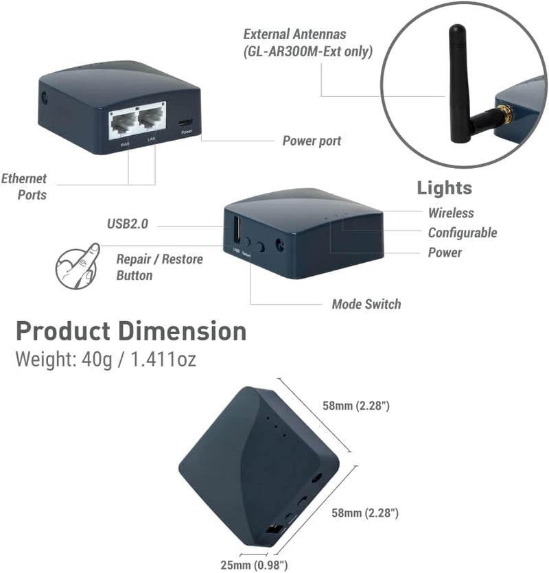 GL.iNet GL-AR300M16-Ext Mini Router with 2 dBi Outdoor Antenna, Wi-Fi Converter, OpenWrt Pre-Install