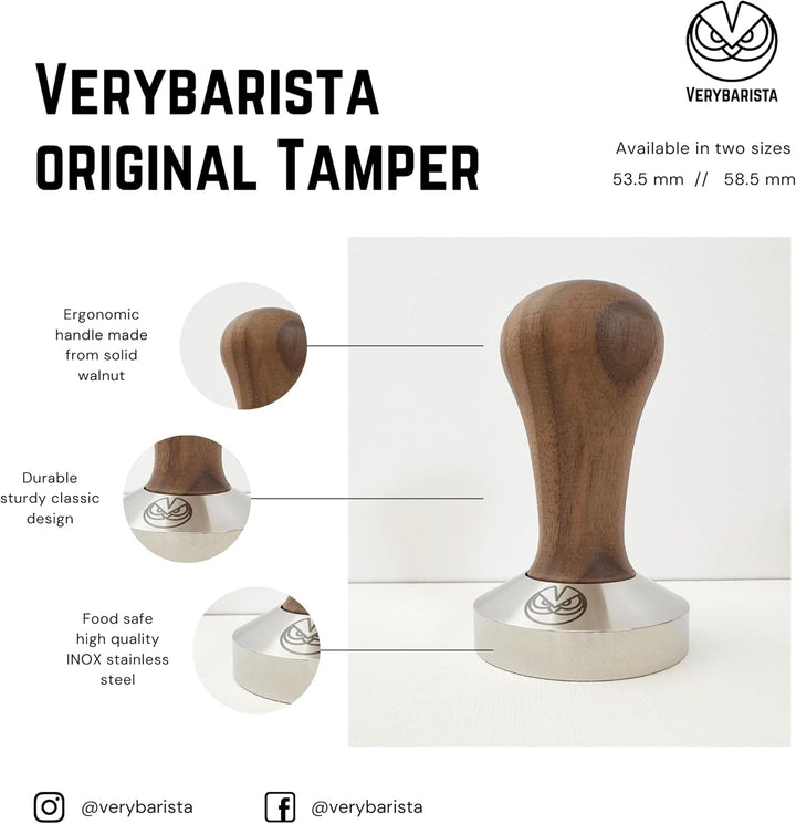 Espresso Tamper - 58,5 mm für IMS Competition-Filterkörbe, Nussbaum und INOX Stahl Flacher Boden 58.