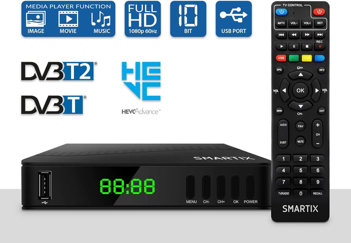 Atlantis SMARTIX DH17 Terrestrischer Digitaler Decoder DVB T2 HEVC H.265 mpeg2/mpeg4 H264 Media Play