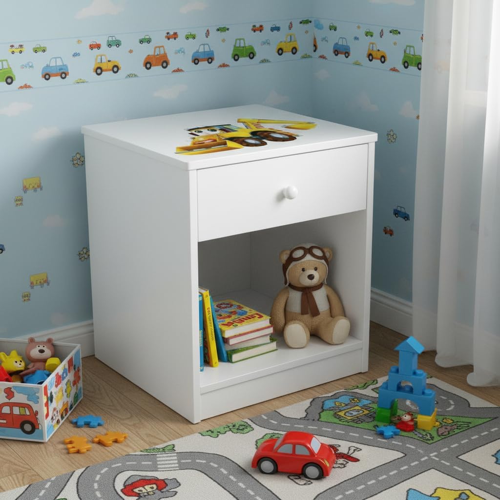 Leomark Nachttisch aus Holz - Herr Bagger - Nachtschränkchen mit Schublade, Nachtschrank für Kinder,