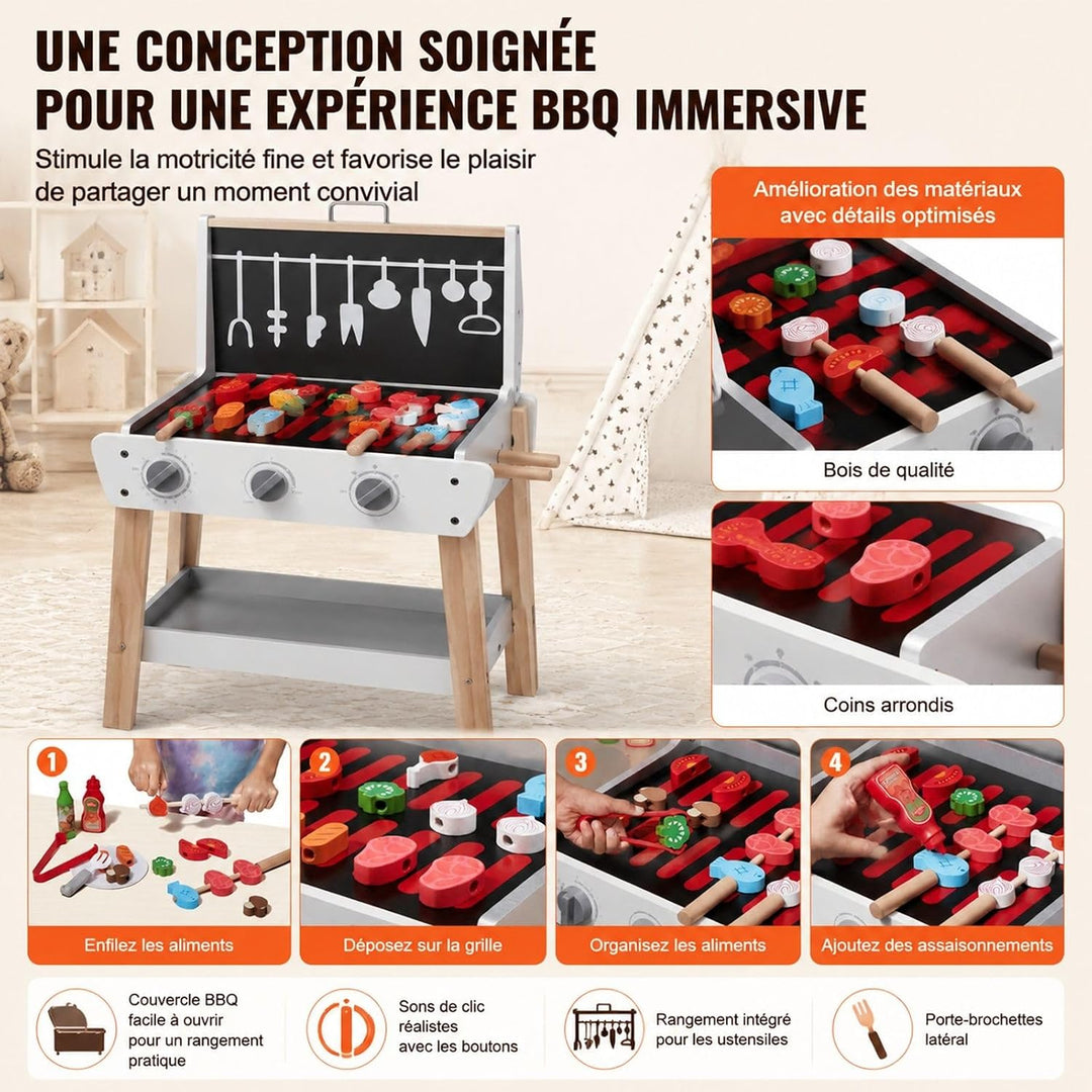 BBQ Grill Spielzeugset aus Holz 21-teilig mit Spiellebensmitteln und Grillzubehör für Rollenspiel Kü