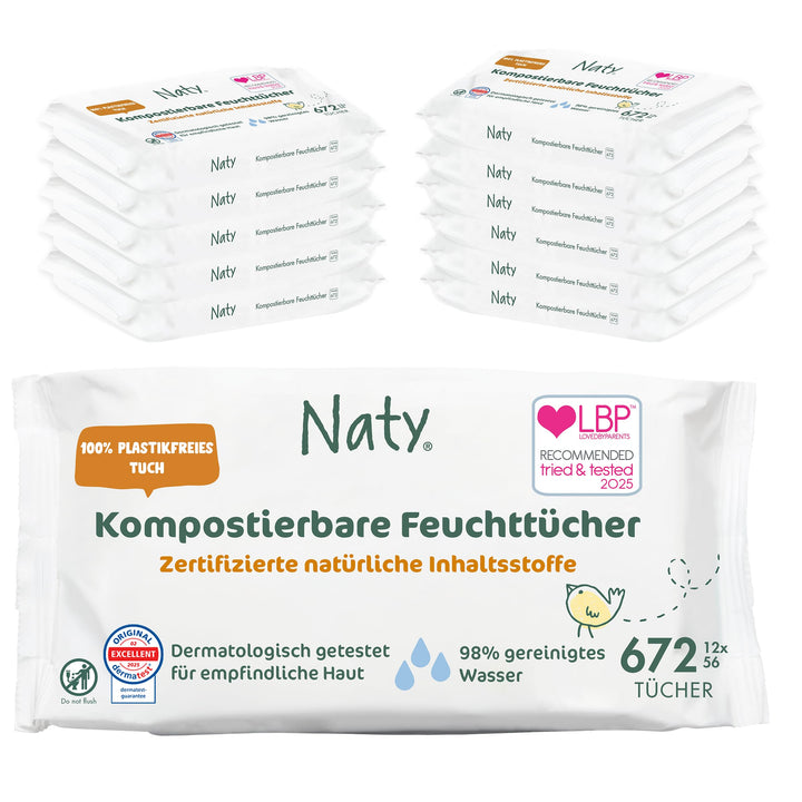 Naty Baby Feuchttücher | 100% pflanzenbasiert & unparfümiert für empfindliche Haut | Plastikfreie &