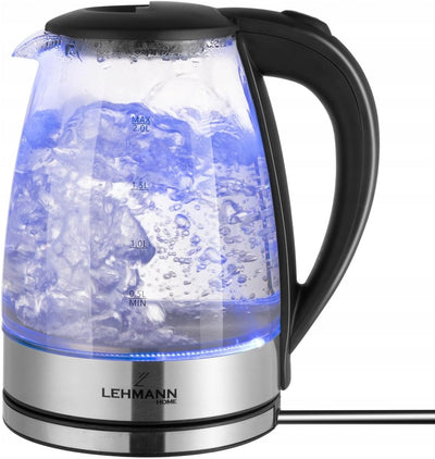 Lehmann LHOEK-2220 Glas Wasserkocher 2 Liter, 2200W, elektrischer Wasserkocher aus Glas mit LED-Hint