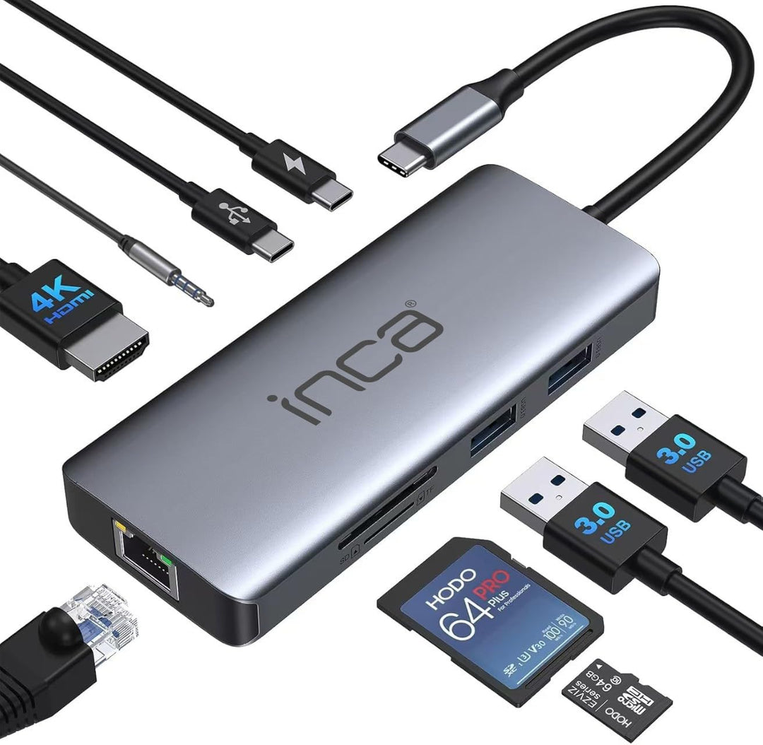 inca 9 in 1 USB C Hub ITPC-10TX, 2 x USB 3.0 + SD/TF Kartenleser + LAN 1000 Mbit/s + Daten + 3.5mm A
