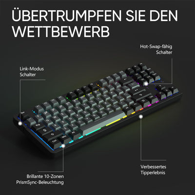 ARZOPA Gaming Tastatur, Gasket Mechanische Tastatur Kabellos/Kabelgebunden/Bluetooth - 87 Tasten RGB