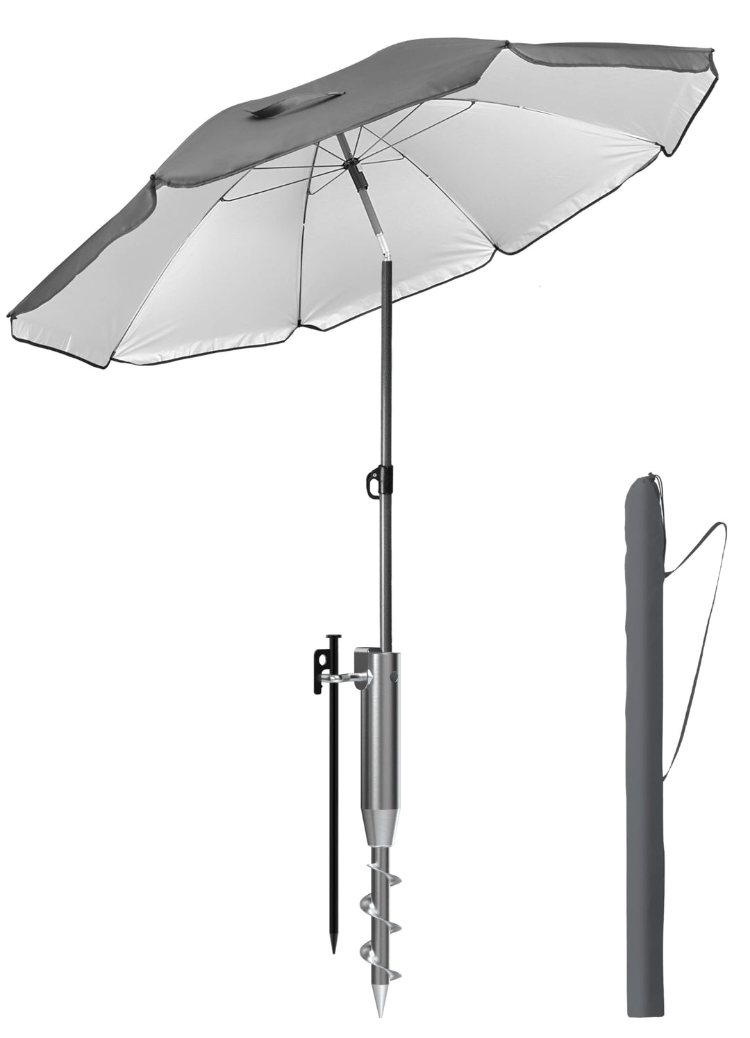 4smile Sonnenschirm Strand Ø 200 cm SET mit Eindrehbodenhülse, Anthrazit | Strandschirm Windfest Sta