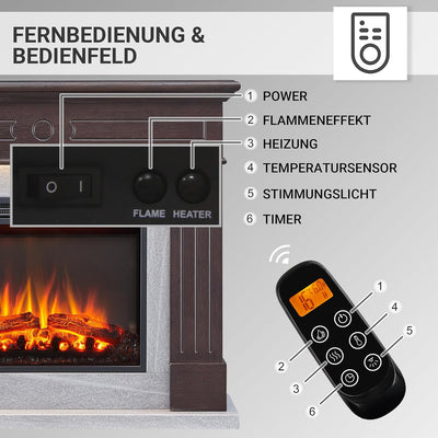 CrownFlame Leandros Elektrokamin - Elektrischer Standkamin mit Heizung 1000/2000 W, realistischer 3D