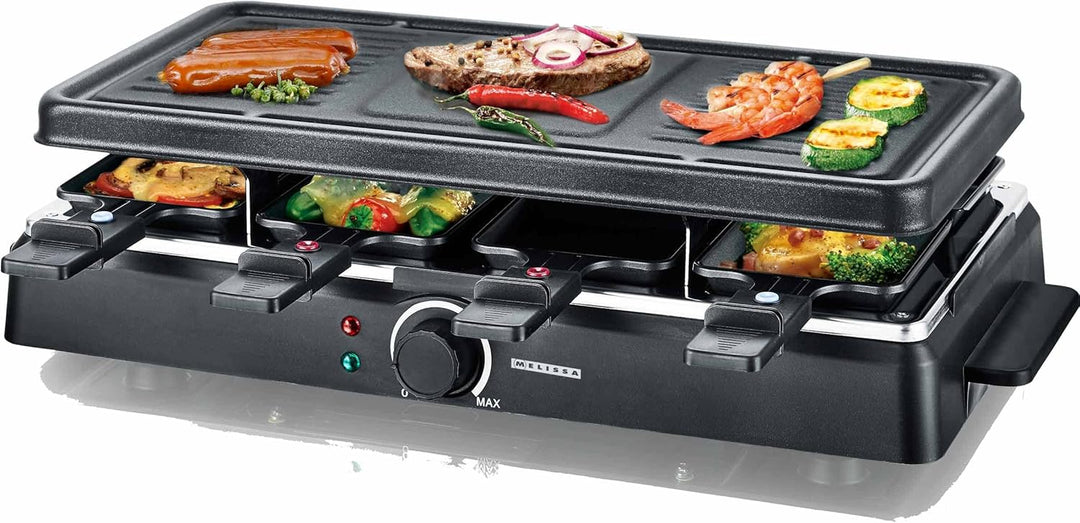 MELISSA Raclette 16300026 Raclette mit Grillplatte für 8 Personen 1200 Watt Power mit Grillplatte un