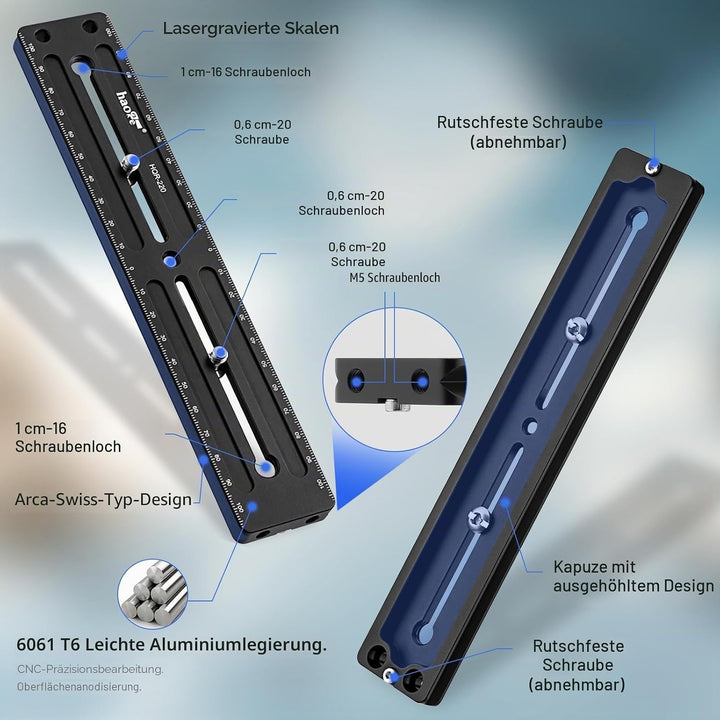 Haoge HQR-220 220 mm Mehrzweck-Schnellwechselplatte für Kamerastativ, Kugelkopf, Klemme für Arca Swi