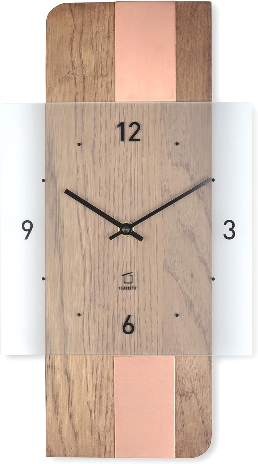 Natuhr Holz Metall Glas Wanduhr - Fusion - präzises Funk-Uhrwerk plastikfrei verpackt (Eiche rustika
