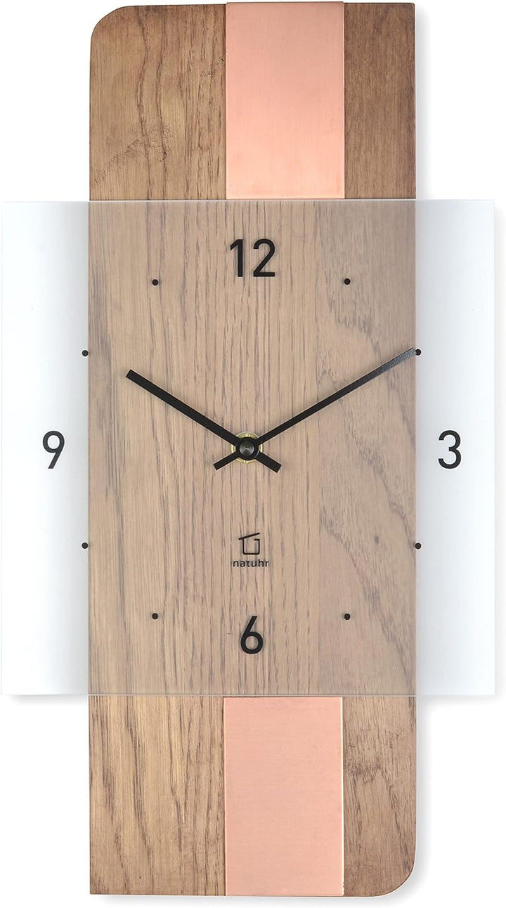 Natuhr Holz Metall Glas Wanduhr - Fusion - präzises Funk-Uhrwerk plastikfrei verpackt (Eiche rustika