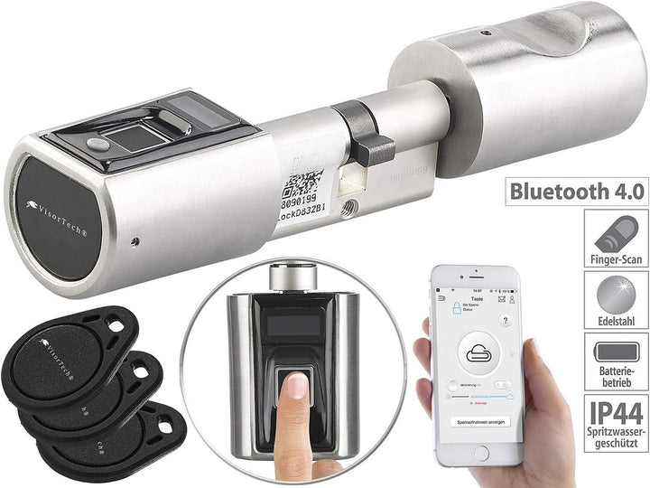 VisorTech Fingerabdruck Schloss: Elektronischer Tür-Schliesszylinder, Fingerabdruck, Transponder, IP
