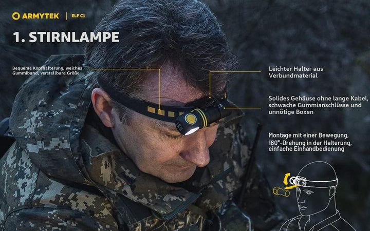 Armytek NEU, Stirnlampe Elf C1 v2 Kaltweiss 1000 Lumen LED-Lampe Micro USB Aufladbarer, Qualitativ H