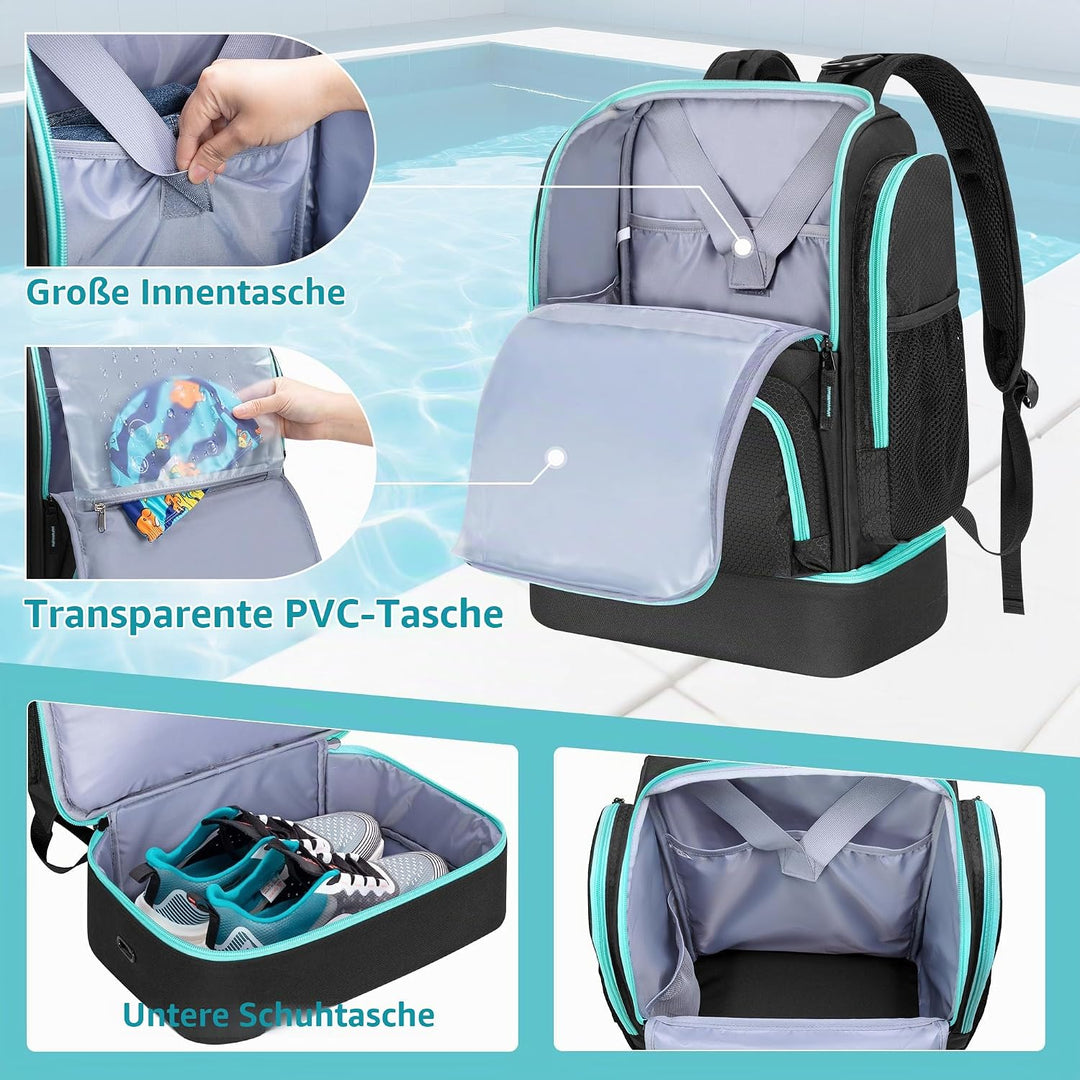 GOBUROS Schwimmtasche für Schwimmer mit Schuhfach, Schwimm Rucksack | Schwimmtasche mit mehreren Fäc