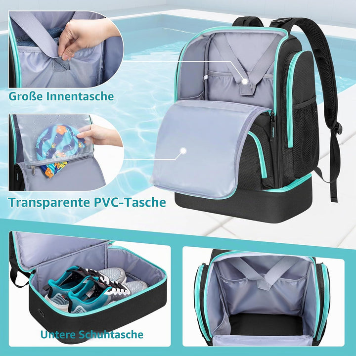 GOBUROS Schwimmtasche für Schwimmer mit Schuhfach, Schwimm Rucksack | Schwimmtasche mit mehreren Fäc