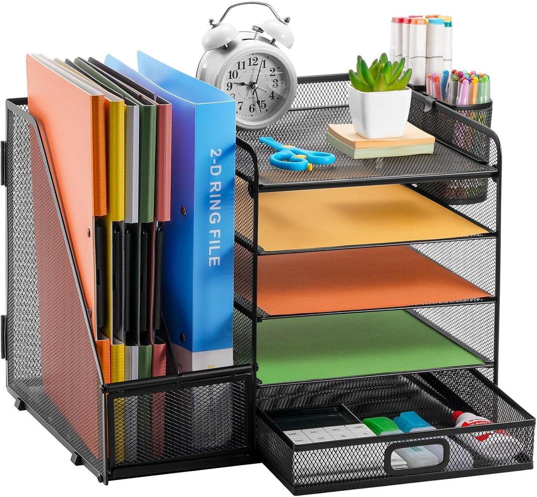 Marbrasse Schreibtisch Organizer mit Aktenhalter, 5 Ebenen Papier Briefablage mit Schublade und 2 St