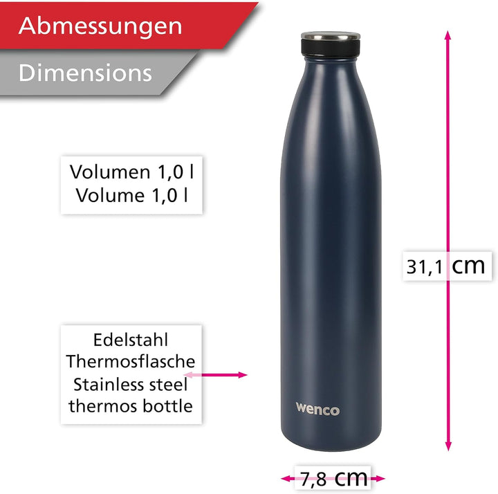 wenco Trinkflasche Edelstahl 1l / 1000ml isoliert und auslaufsicher für kalte und heisse Getränke au